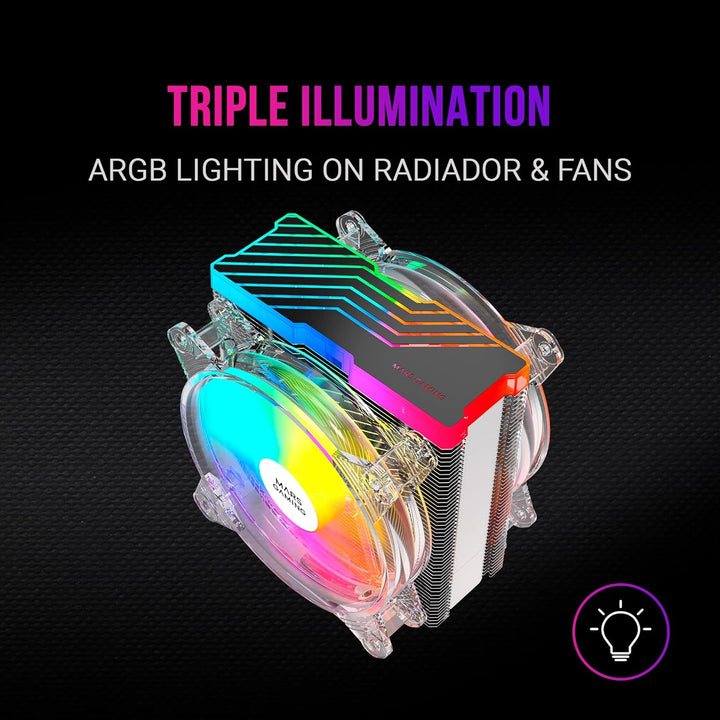 Mars Gaming MCPU66, Dreifach ARGB CPU Kühlkörper, 6 Heatpipes HCT, TDP 220W, 2 Lüfter 12cm, Schwarz,