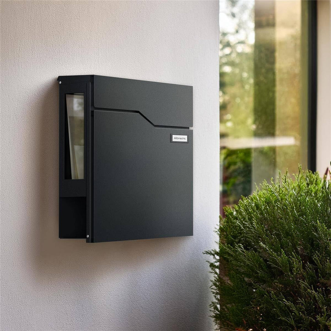 Metzler Briefkasten in Anthrazit RAL 7016 mit Zeitungsfach & Sichtfenster – Wandbriefkasten pulverbe