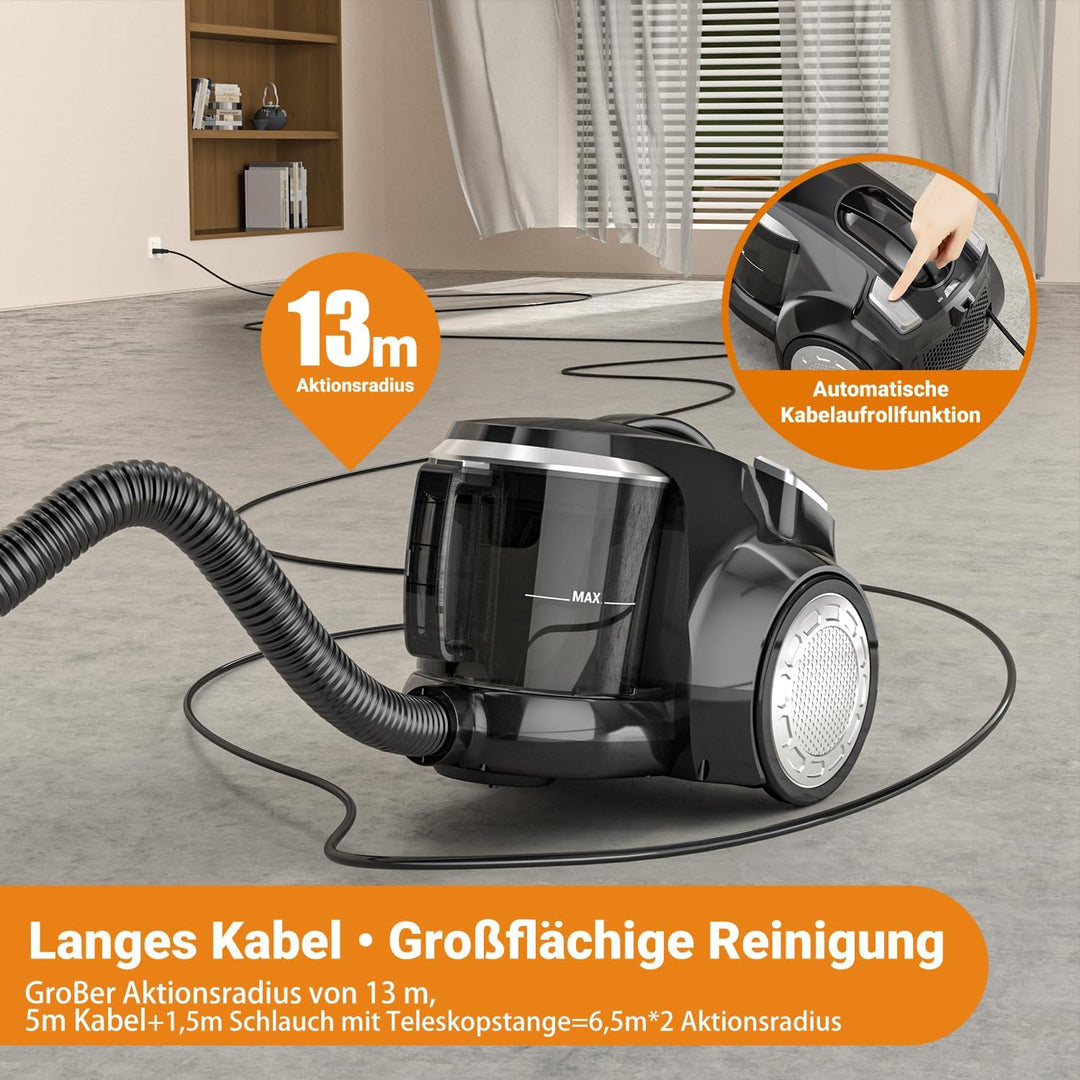Beutelloser Staubsauger 1200W Starke Saugleistung,Kompakt Leicht Bodenstaubsauger ohne Beutel,Leiser
