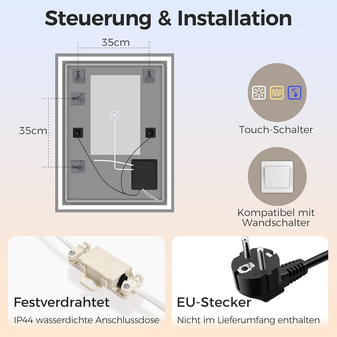 STARLEAD Badspiegel-mit-Beleuchtung 80x60cm, Dimmbar, 3 Farbtemperaturen 3000K-6500K, Spiegel-mit-Be