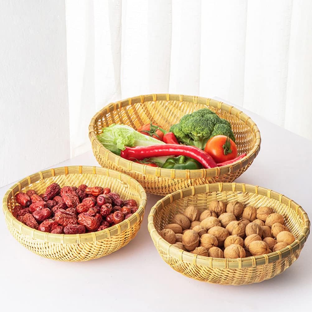 Happyyami 3Pcs Bambuskorb Tablett Flach Flacher Korb Gewebtes Obstkorb Dekorative Rattan Tablett für