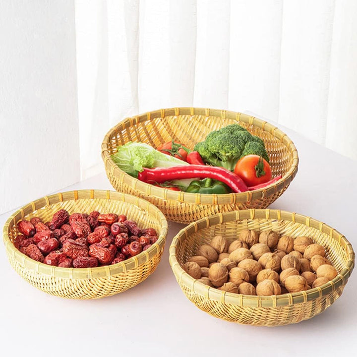 Happyyami 3Pcs Bambuskorb Tablett Flach Flacher Korb Gewebtes Obstkorb Dekorative Rattan Tablett für