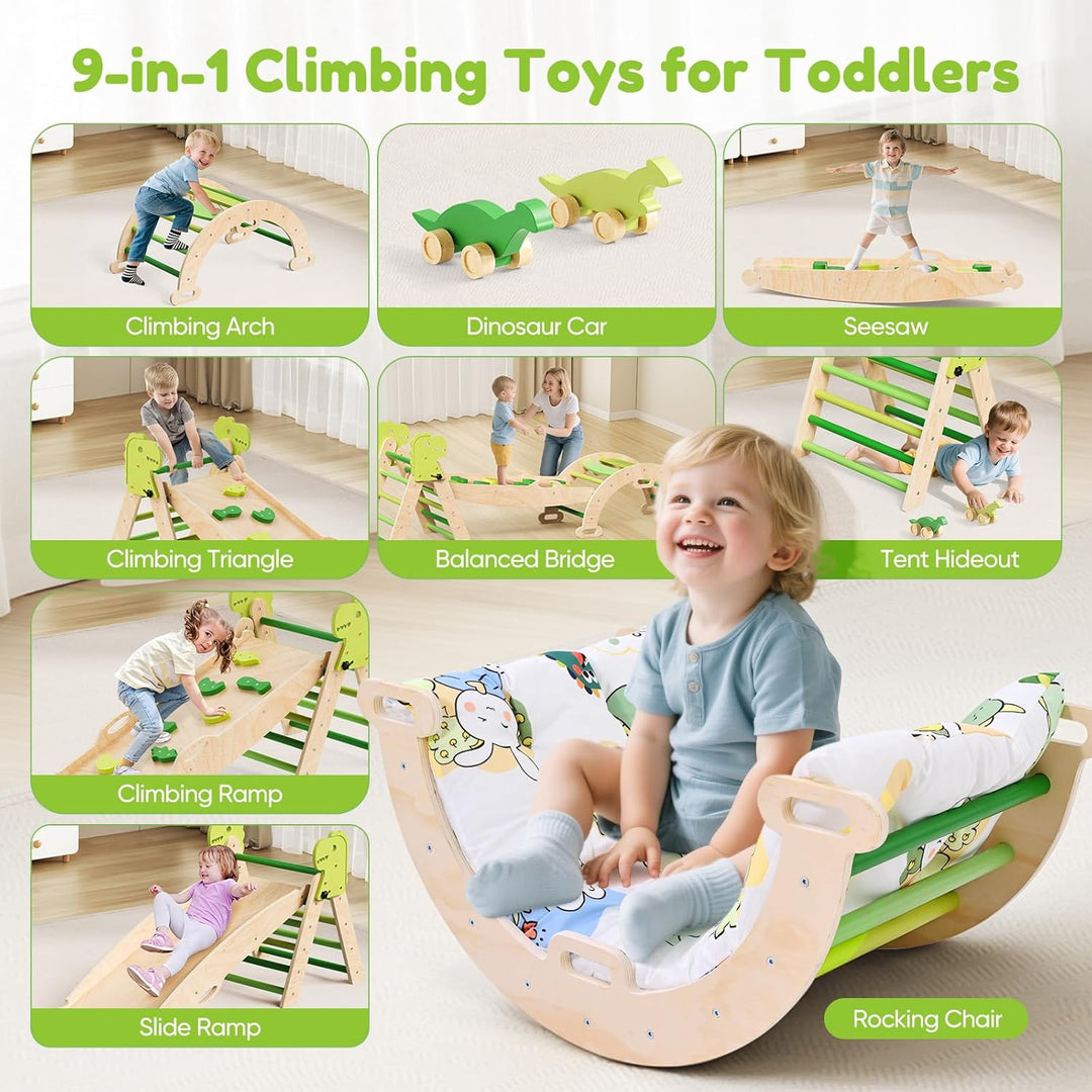 Klettergerüst Indoor,9-in-1 Montessori Indoor Spielset,Stabiles Birkenholz Klettergerüst mit Rutsche