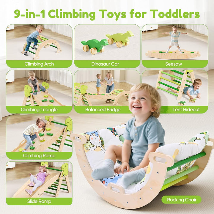 Klettergerüst Indoor,9-in-1 Montessori Indoor Spielset,Stabiles Birkenholz Klettergerüst mit Rutsche