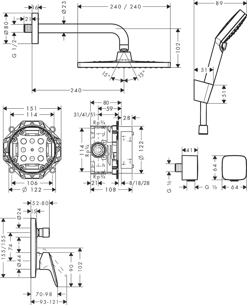 hansgrohe Duschset Crometta E 240 Unterputz (7 in 1), Duschsystem mit Kopfbrause, Wannenmischer, Dus