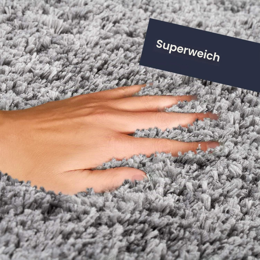 WohnDirect Premium Hochflor Badezimmerteppich Grau • Rutschfester &amp; Extra Flauschiger Badvorleger •