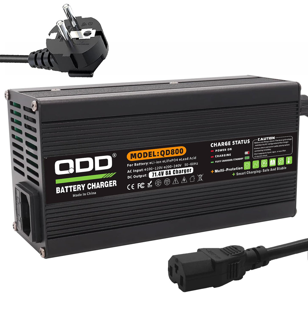 QDD 71,4 V 8 A Ladegerät 60 V Li-Ionen-Akkuladegerät Schwarzes Aluminiumgehäuse DC-Ausgang C13 N+L-A