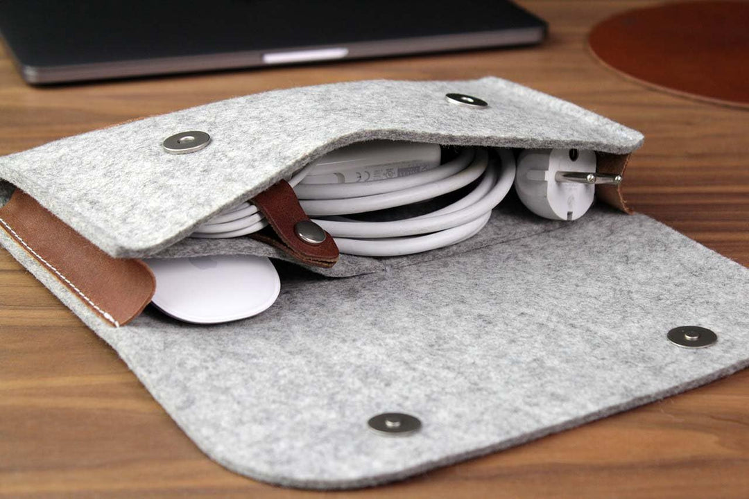 Pack & Smooch MacBook iPad Pro Zubehör Und Kabel Tasche 100% Wollfilz Und Pflanzlich Gegerbtes Leder