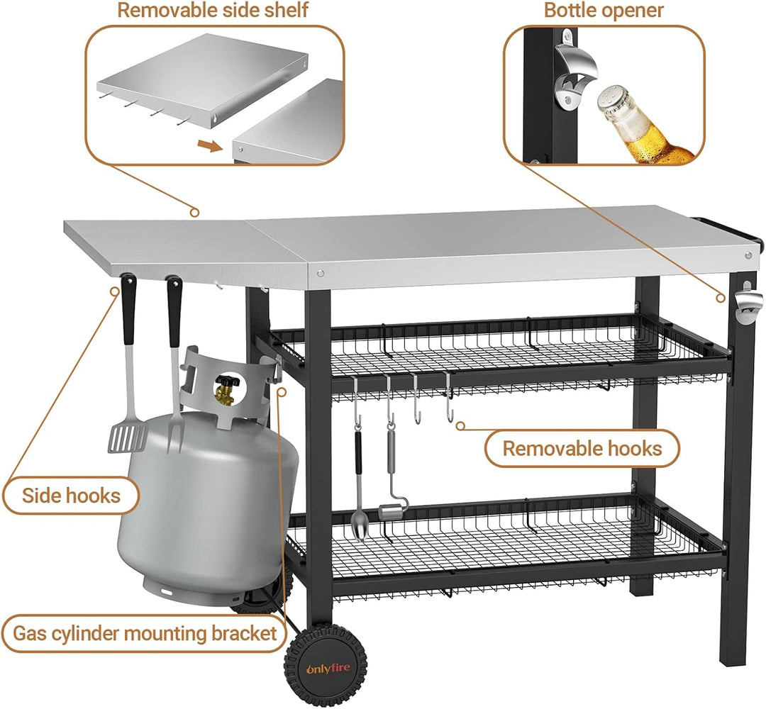 Onlyfire Grillwagen | Edelstahl Grilltisch mit grosser Arbeitsfläche und Beistelltisch, Grill Beiste