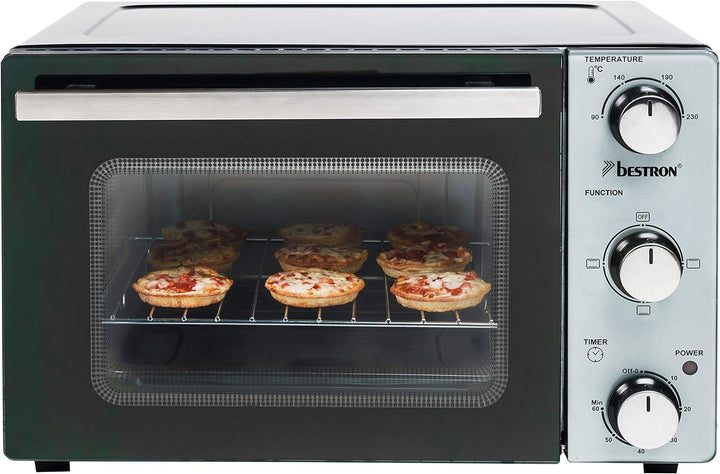 Bestron AOV20 Kompakter Mini-Backofen mit Ober-/Unterhitze, 20 Liter, 1300 W, Edelstahl, Schwarz 20