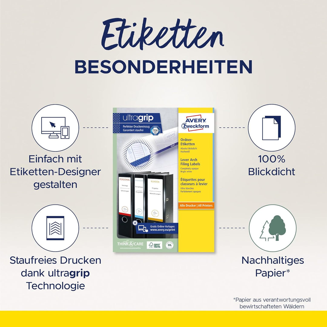 AVERY Zweckform L6060-100 Ordnerrücken Etiketten (800 Rückenschilder mit ultragrip, 34x192mm auf A4,