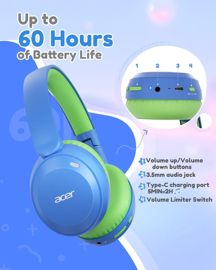 Acer Kinder Bluetooth Kopfhörer, 85/94dB Lautstärkebegrenzer, Faltbare Kabellose Over-Ear-Kopfhörer