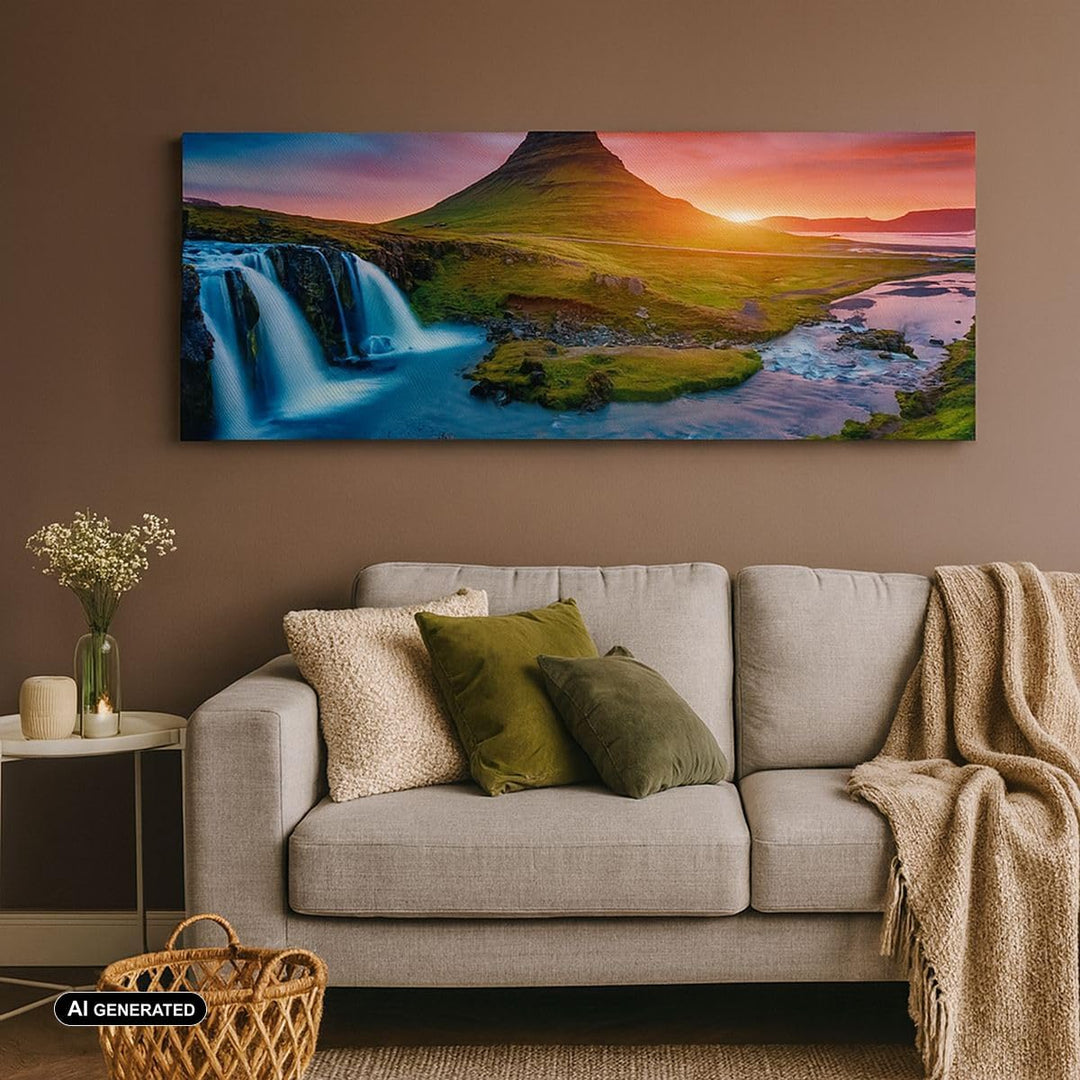 Wandbilder Dekoration Wohnzimmer Sonnenuntergang Wasserfall Island Vulkan Bilder auf Leinwand 120x50