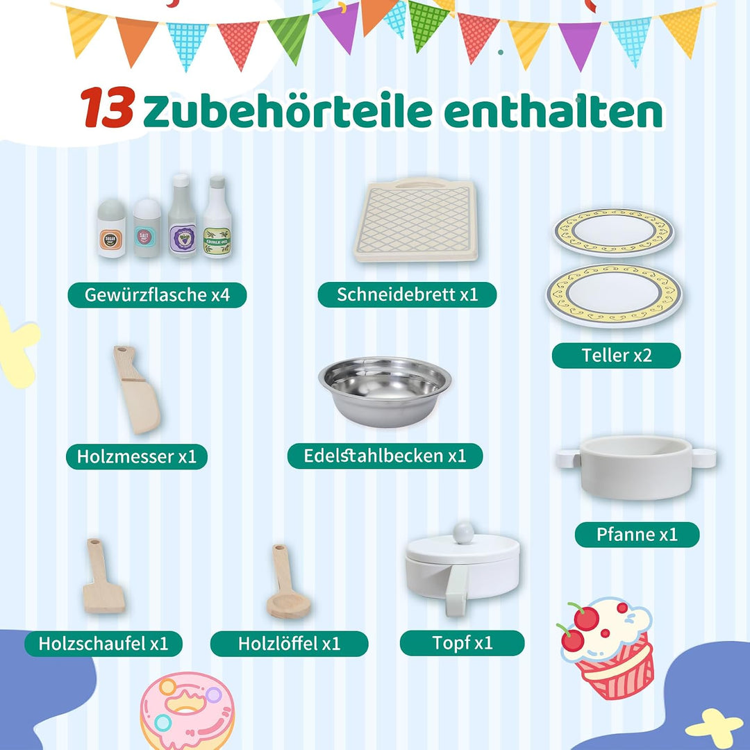 Kinderküche aus Holz mit Zubehör, Spielküche für Kinderzimmer, inkl. Herd, Ofen, Mikrowelle, Kühlsch