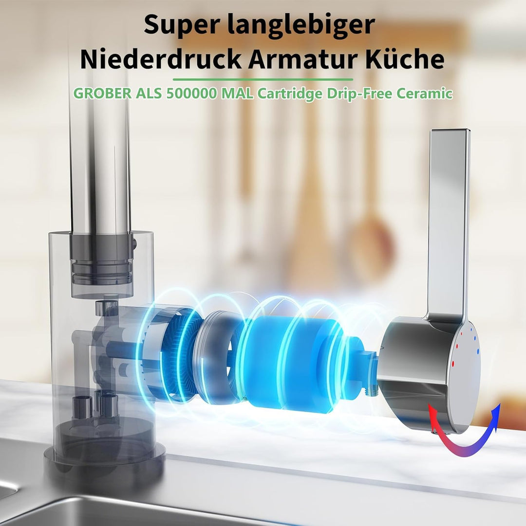 Niederdruck Armatur Küche mit 2 Strahlarten, 360 ° Drehbare Wasserhahn Küche, Leicht zu zerlegen und