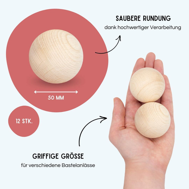 EV® Holzkugeln ohne Loch - 12 Stück 50mm Durchmesser - Made in Austria - Grosse Holzperlen ohne Bohr