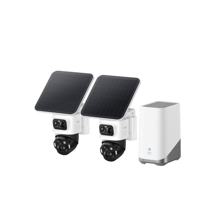 eufyCam S4 2‑Kamera‑Set, kabellose Solar‑Überwachungskamera aussen, 3‑Linsen Bullet‑PTZ‑Kamera, 4K U