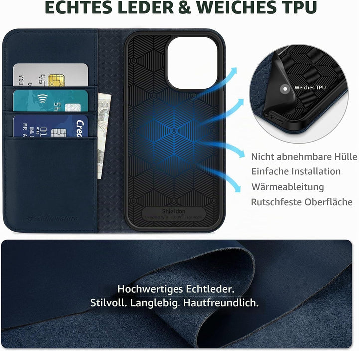 SHIELDON Hülle für iPhone 13 Pro, Handyhülle Schuzhülle [Echtleder] [Schützt vor Stoss] [Verdichtes