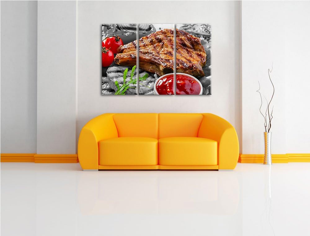 Saftiges Steak mit Grillkäse schwarz/weiss 3-Teiler Leinwandbild 120x80 Bild auf Leinwand, XXL riesi