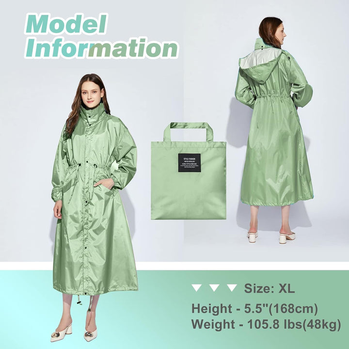 LAMA Stilvoller langer Regenmantel Unisex Regenponcho mit Wasserdichte Pattentasche Kapuze Tunnelzug