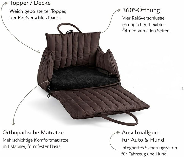 Hundetragetasche Donna 3-in-1 Hundetasche, Autositz & Reisebett in einem Schokobraun- Für kleine Hun