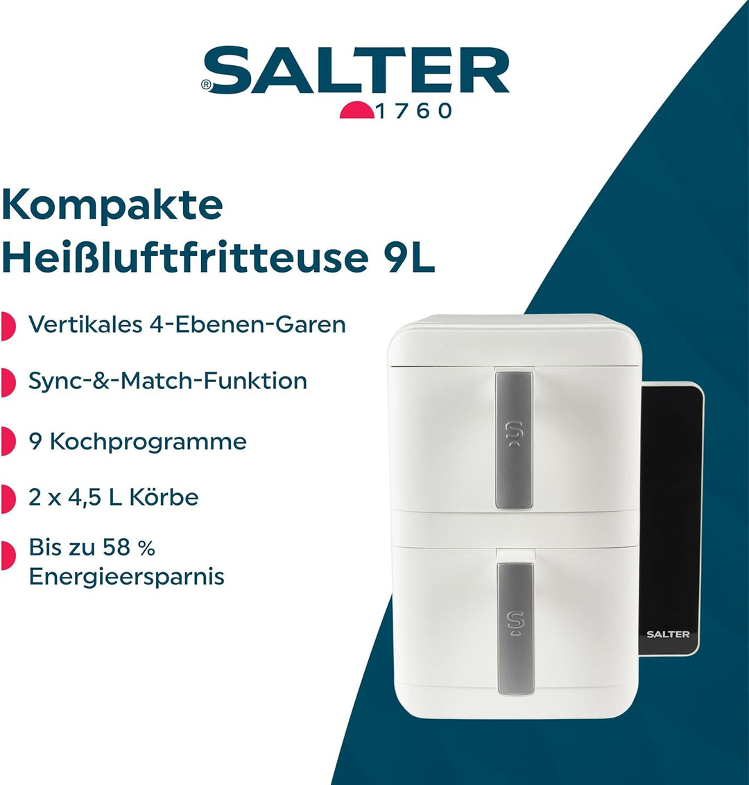 Salter VertiCook Ultra Stapelbarer Heissluftfritteuse - Vertikales Kochen, 9L, 2 x 4,5L Körbe & Rost
