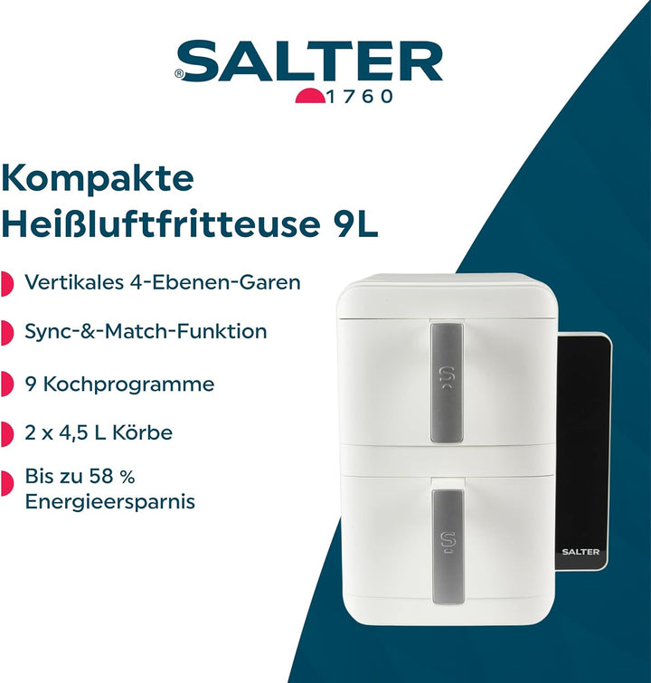 Salter VertiCook Ultra Stapelbarer Heissluftfritteuse - Vertikales Kochen, 9L, 2 x 4,5L Körbe & Rost