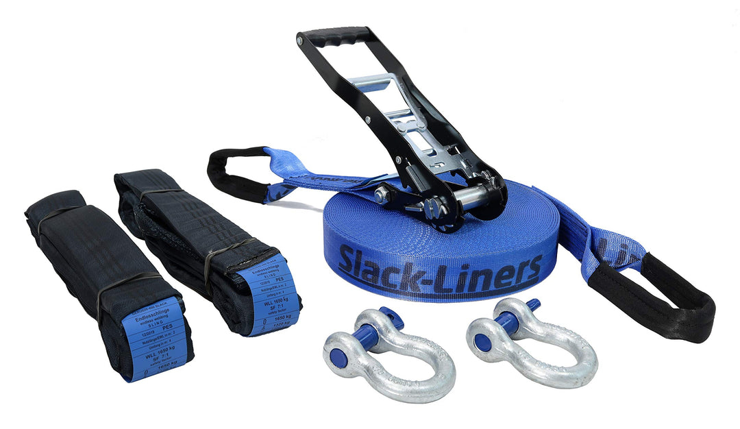 Slack-Liners Slackline Komplett-Set BLAU 6 Teilig - 50mm breit, 25m lang - mit Premium Langhebelrats