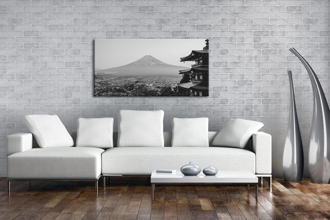 der mit Schnee bedeckte Fuji Berg aus Japan Panorama 80x40 cm Effekt: Schwarz/Weiss als Leinwandbild