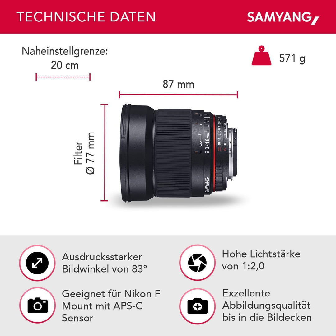 SAMYANG 882112 16/2,0 Objektiv DSLR Nikon F AE manueller Fokus automatischer Blendenring Fotoobjekti