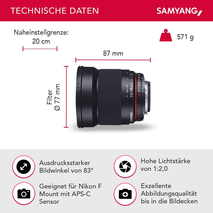 SAMYANG 882112 16/2,0 Objektiv DSLR Nikon F AE manueller Fokus automatischer Blendenring Fotoobjekti