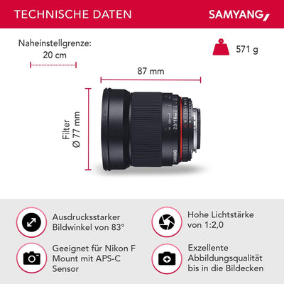 SAMYANG 882112 16/2,0 Objektiv DSLR Nikon F AE manueller Fokus automatischer Blendenring Fotoobjekti