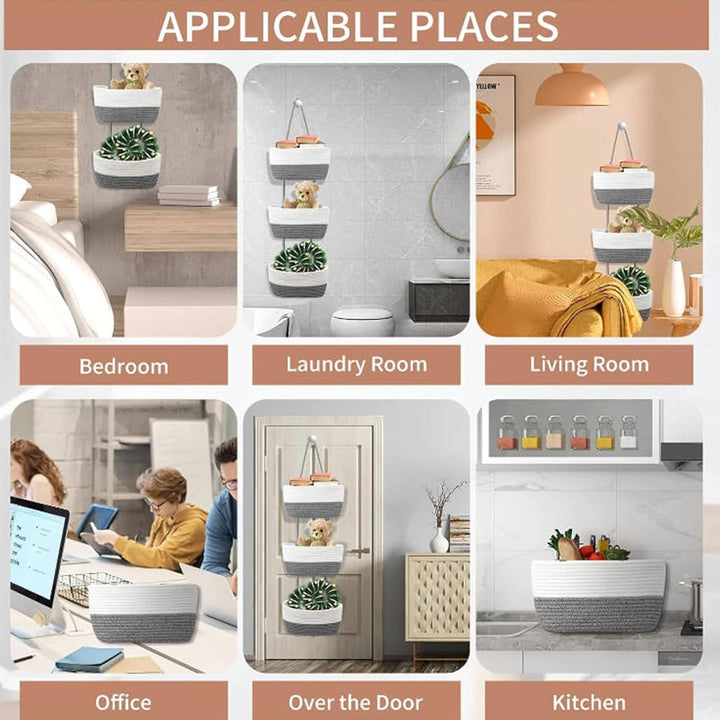 Hängende Aufbewahrungskörbe 3-stöckig über der Tür Hängekorb Baumwollseil Gewebt Wandbehang Organize