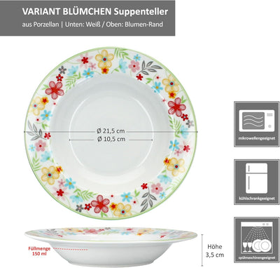 MamboCat 6er Set Variant Blümchen Suppenteller I farbige tiefe Porzellan-Teller für 6 Personen I bun