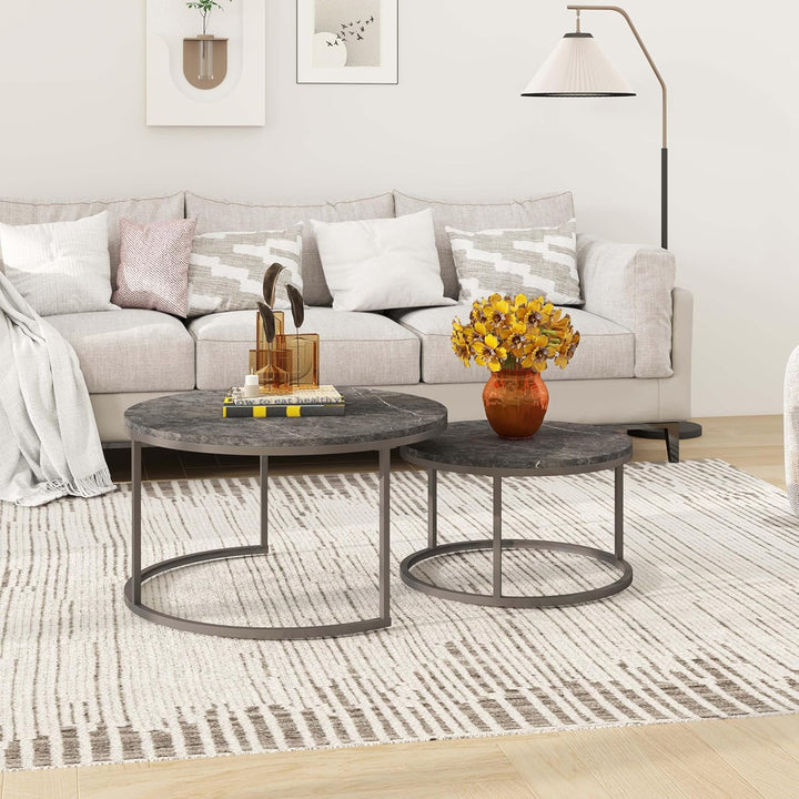 hitsuki Couchtisch Rund 2er Set, Marmor Couchtisch Grau Metallgestell Wohnzimmertisch Grau, Beistell