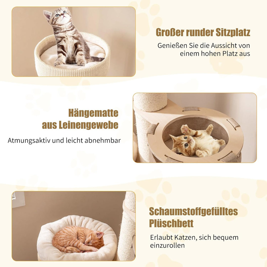 COSTWAY Kratzbaum, Katzenbaum mit 2-stöckiger Kratztonne, Hängematte, abnehmbarem Bett, Sisalbrett,