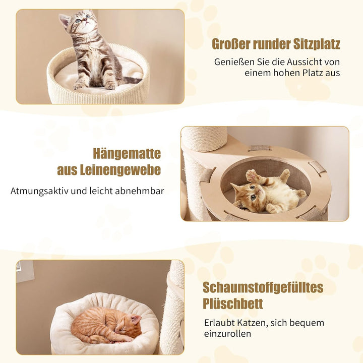 COSTWAY Kratzbaum, Katzenbaum mit 2-stöckiger Kratztonne, Hängematte, abnehmbarem Bett, Sisalbrett,