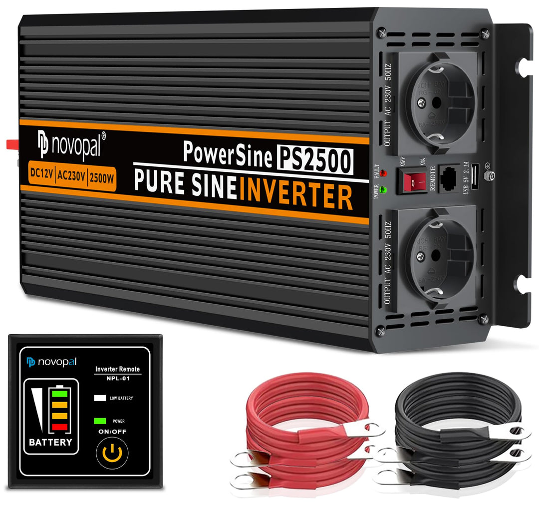 NOVOPAL 2500W Wechselrichter 12v Auf 230v Reiner Sinus Spannungswandler mit 2 EU-Steckdose und Einer