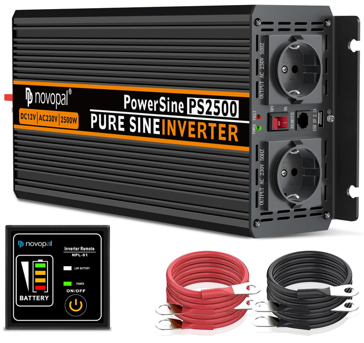 NOVOPAL 2500W Wechselrichter 12v Auf 230v Reiner Sinus Spannungswandler mit 2 EU-Steckdose und Einer