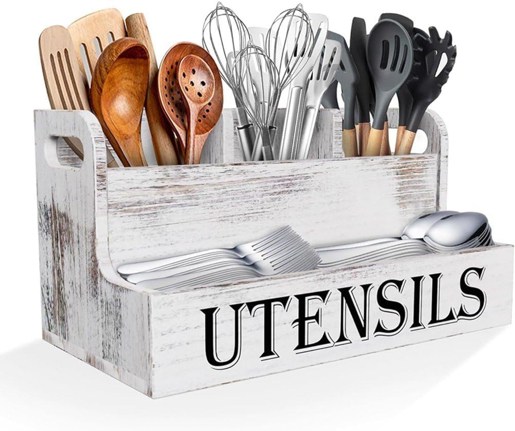 Besteck-aufbewahrungsbox Aus Holz Im Ländlichen Stil, Weisser Küchenutensilienhalter, Grosser Utensi