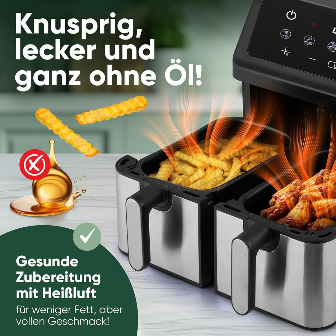 ProfiCook® Heissluftfritteuse 2 Kammern | Airfryer | 9 Liter | Heissluftfritteuse mit Zeitgleich-fer