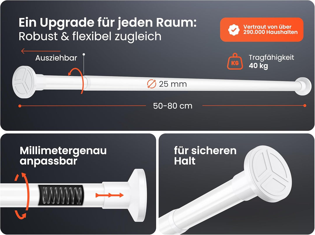 MEISENBERG Vorhangstange ohne Bohren 50-80cm Ø25mm - Gardinenstange zum Klemmen - Weiss - Spannstang