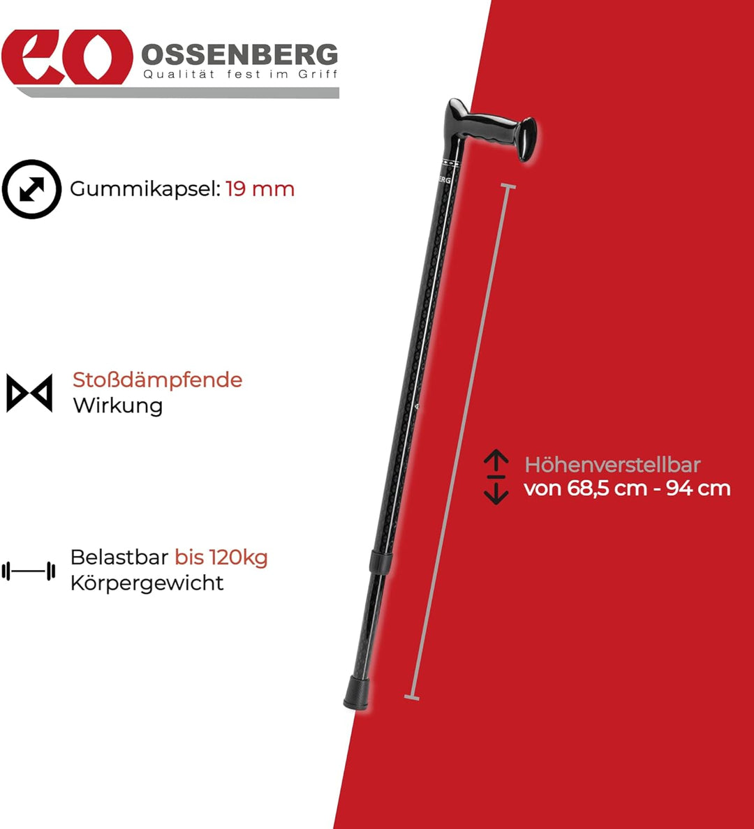 Ossenberg - Carbonstock in Rautenmuster - anthrazit glänzend - mit Escortgriff - Verstellbarer Carbo