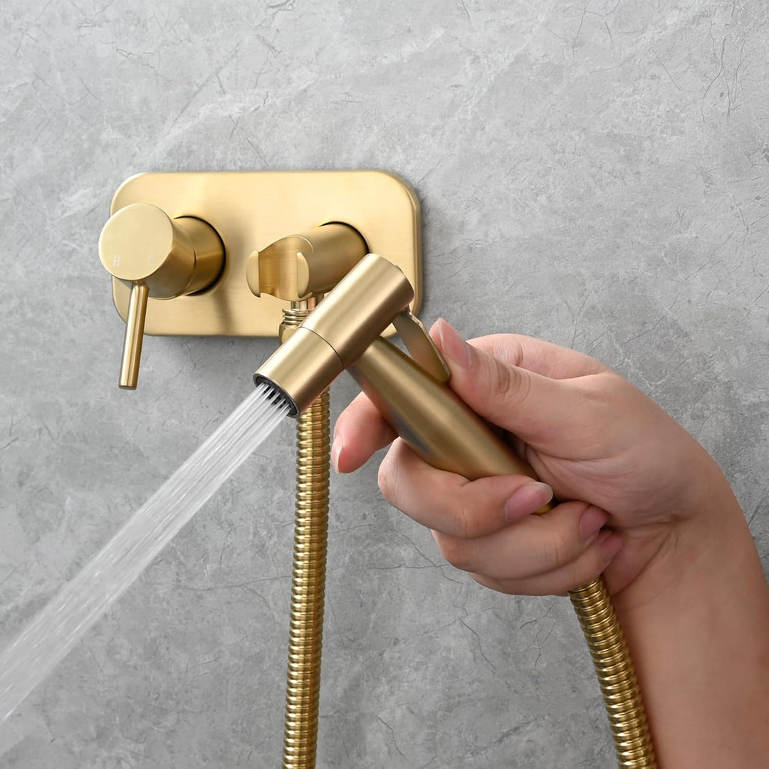 Tecmolog Bidet WS024J2F2 Tragbarer Bidet-Sprüher-Set, Warm und Kalt, Gebürstetes Gold