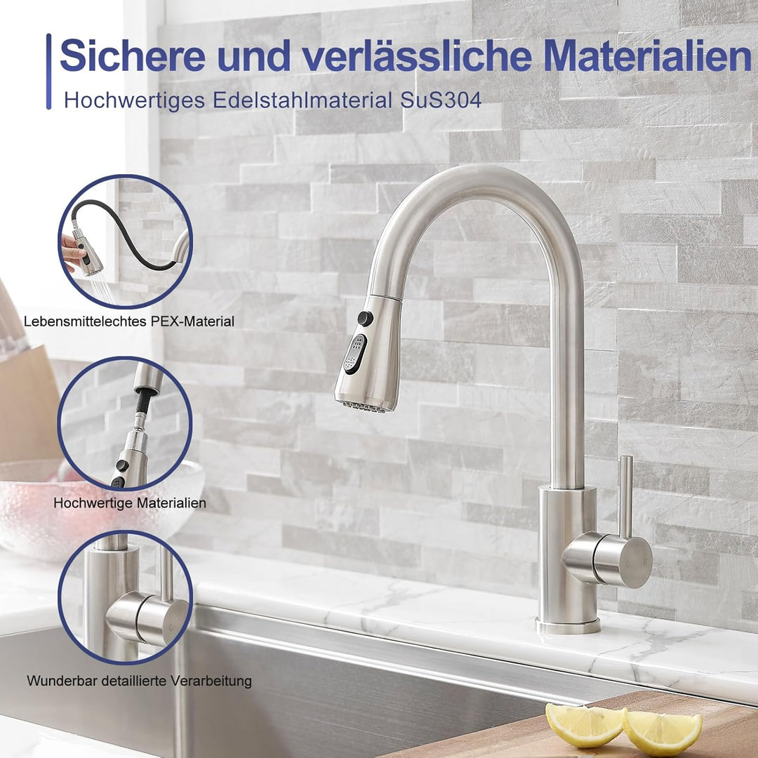 Wasserhahn Küche, Edelstahl, Hochdruck Küchenarmatur mit Herausziehbarer Brause Ausziehbar Armatur,