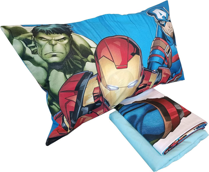 Avengers, Bettlaken für Einzelbett, Spannbettlaken, Kissenbezug, Blau, Marvel, Disney, 100% Baumwoll