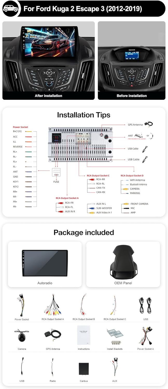 Android 15 Autoradio für Ford Kuga Escape C-max 2013-2017 - Rückfahrkamera KOSTENLOS - 2G+64G - IPS