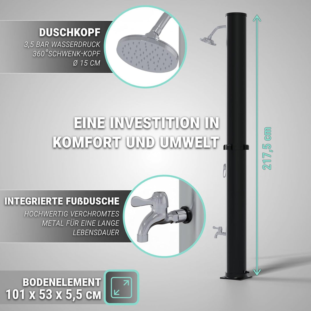 HAGO Solardusche | 35L | rund | Schwarz/Silber | Pooldusche | Campingdusche | Gartendusche | Outdoor