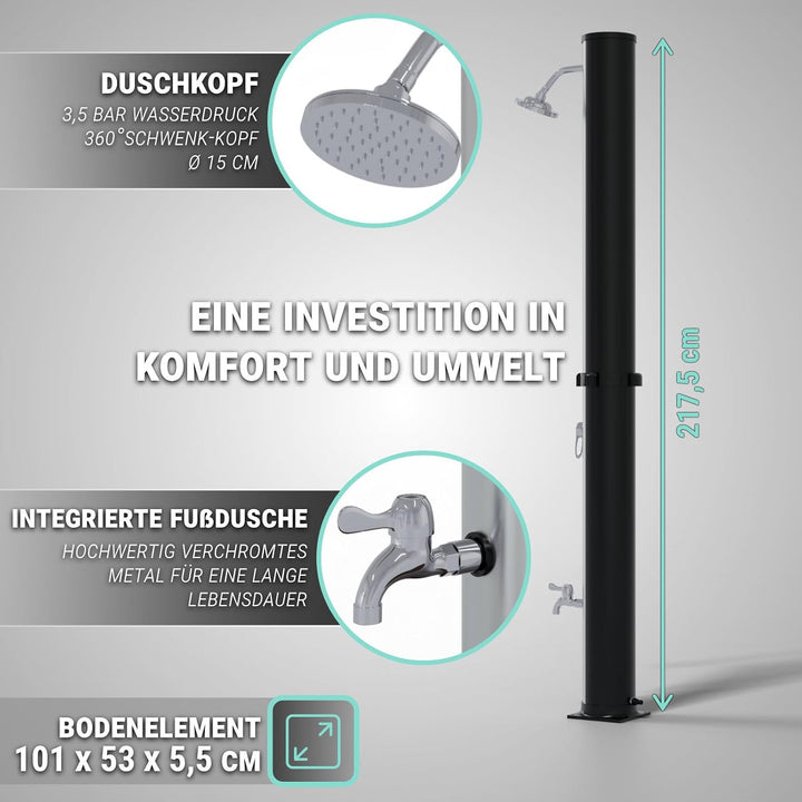 HAGO Solardusche | 35L | rund | Schwarz/Silber | Pooldusche | Campingdusche | Gartendusche | Outdoor