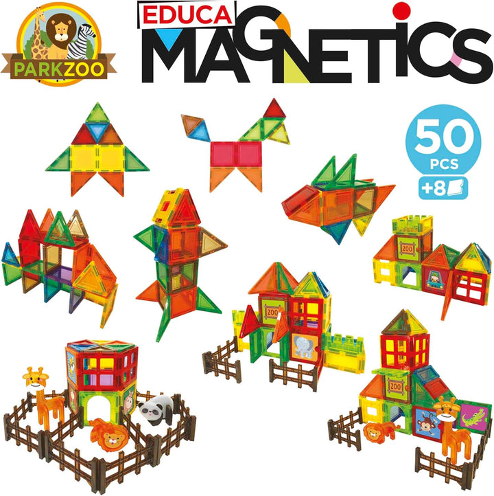 Educa - Magnetics Park Zoo | Magnetbausteine Kinder 50 Teile mit 4 Tieren & 8 Lernkarten | Magnetisc